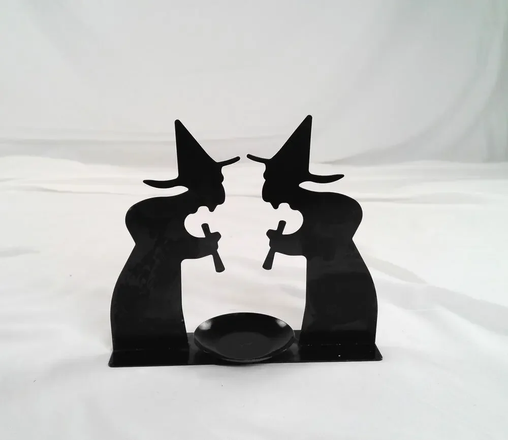 Black Metal Double Witch Tealight Candle Holder Halloween Décor